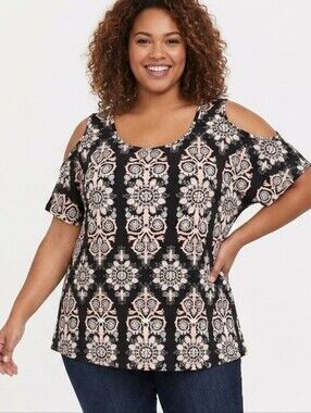 Lavish Plus Size Black Cold-Shoulder Top with Pink and Cream Pattern